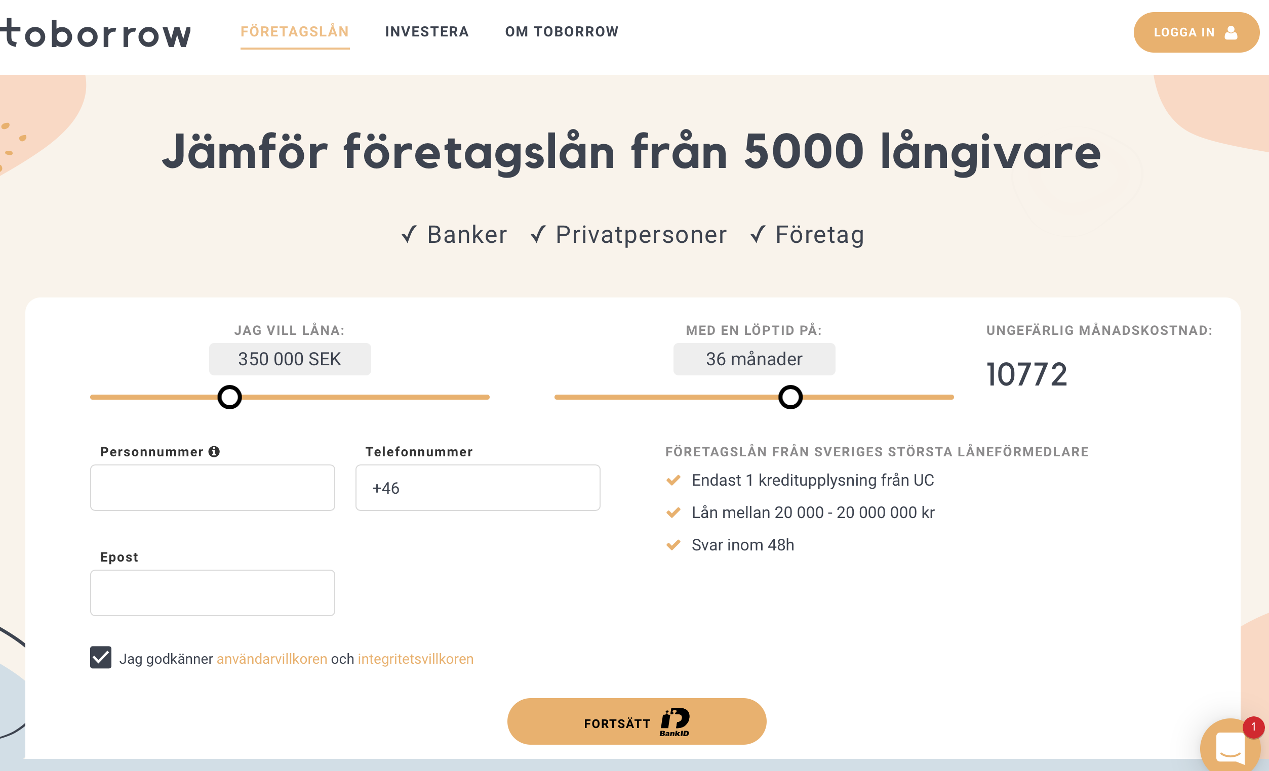 Toborrow hemsida företagslån